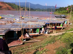 Boats preparing to set sail down the Mekong