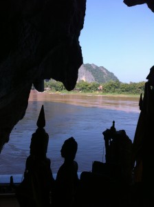 View of the Mekong through Buddha heads