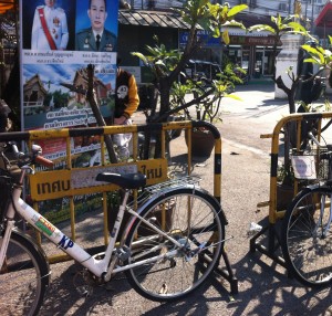 Bicycle parked outside temple